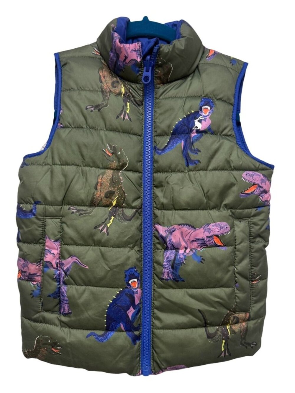 JOULES Boys Reversible Dinosaur Puffer Vest Size 4 Blue Green Zip Front Jacket